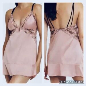 Auden Blush Satin Babydoll Slip w Black & White Lace Trim